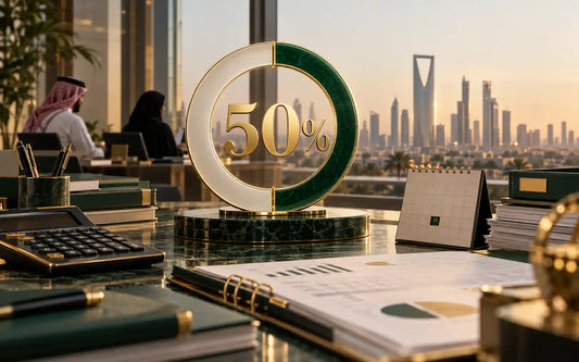 Golden 50 percent progress indicator on an office desk overlooking the Riyadh skyline