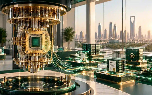 Quantum computing processor in a financial hub overlooking the Riyadh skyline.