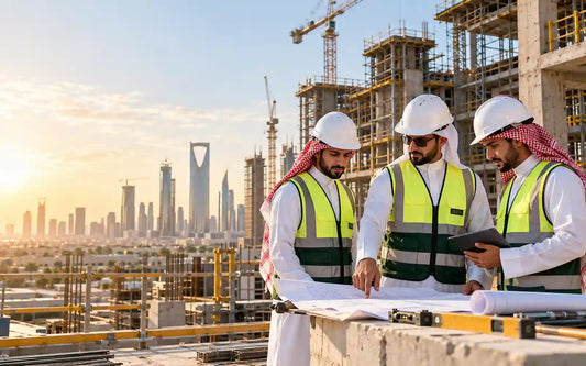 مهندسون سعوديون يراجعون المخططات وخطط المشروع في موقع إنشاءات بمدينة الرياض