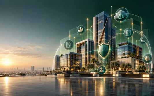 مشهد حضري حديث في السعودية يضم مباني أعمال خاصة محاطة بإطار رقمي للأمن السيبراني، مع درع حماية مركزي وأيقونات ترمز إلى الحوكمة والحوسبة السحابية والخوادم وإدارة الوصول والأطراف الثالثة.