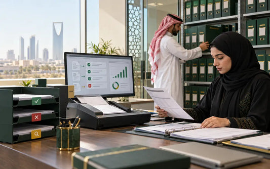 مختصة مالية سعودية تراجع سجلات ضريبة القيمة المضافة بجوار لوحة تدقيق وملفات منظمة في مكتب بالرياض.