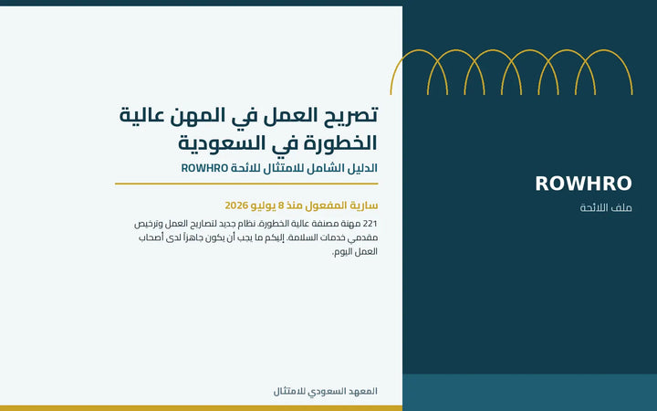 غلاف وثيقة عربية بعنوان «تصريح العمل في المهن عالية الخطورة في السعودية»، يتضمن الدليل الشامل للامتثال للائحة ROWHRO، بتصميم مؤسسي باللونين الأبيض والأزرق الداكن مع تفاصيل ذهبية.