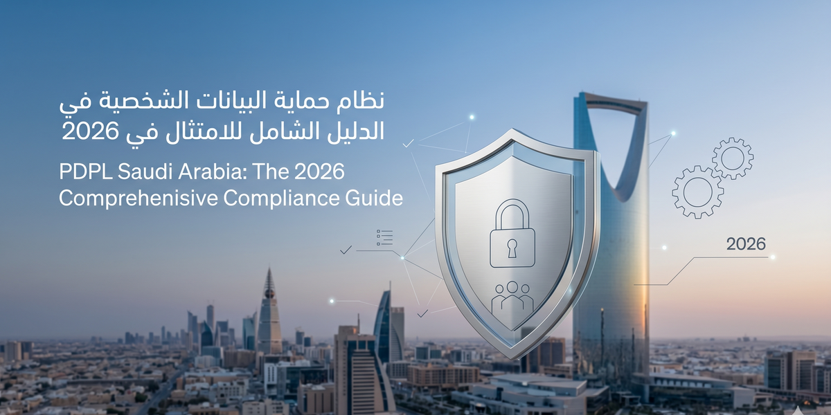 نظام حماية البيانات الشخصية في السعودية PDPL 2026 مع رمز حماية البيانات والامتثال أمام أفق مدينة الرياض