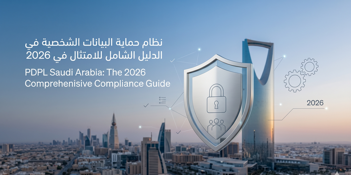 نظام حماية البيانات الشخصية في السعودية PDPL 2026 مع رمز حماية البيانات والامتثال أمام أفق مدينة الرياض