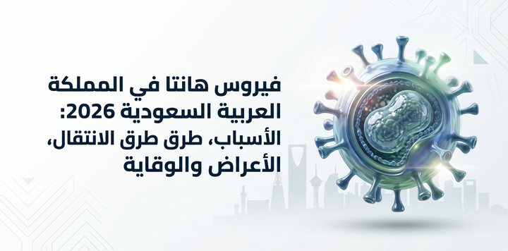 Hantavirus Awareness (2026) in Saudi Arabia. Labeled virus cross-section with left panel showing transmission (inhaling, touching, bites) and right panel showing prevention (sealed food, traps, hygiene). Text in Arabic.