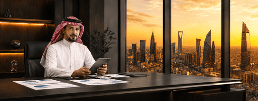 "محترف سعودي يراجع المخاطر المستقبلية في مكتب حديث"