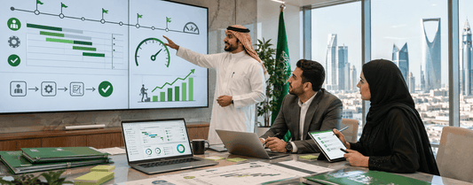 محترفون سعوديون يتعاونون على جهاز لوحي في مكتب حديث