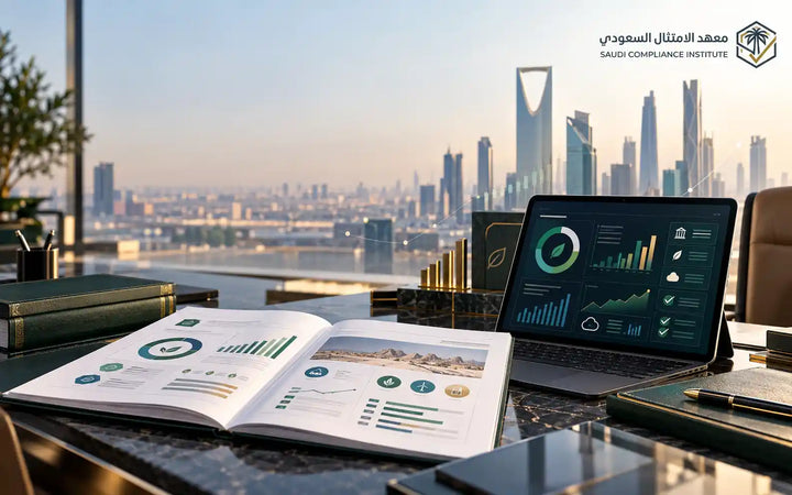 ESG reporting and sustainability compliance dashboard overlooking the Riyadh skyline, Saudi Arabia