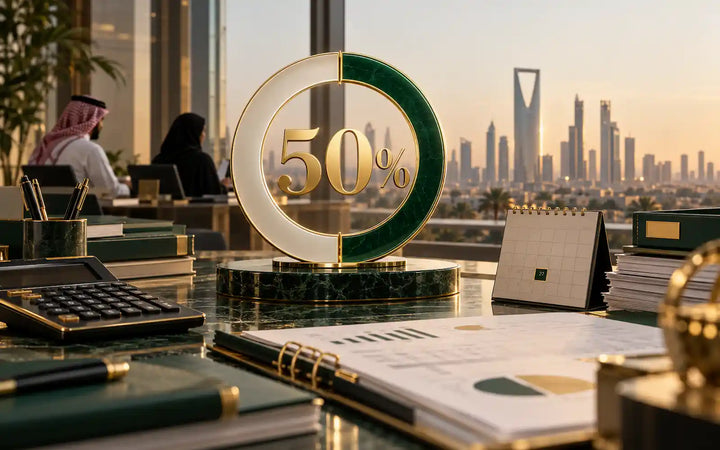 Golden 50 percent progress indicator on an office desk overlooking the Riyadh skyline