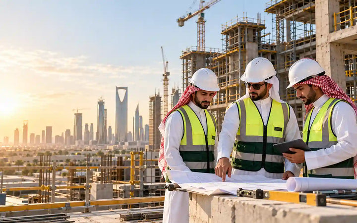 مهندسون سعوديون يراجعون المخططات وخطط المشروع في موقع إنشاءات بمدينة الرياض
