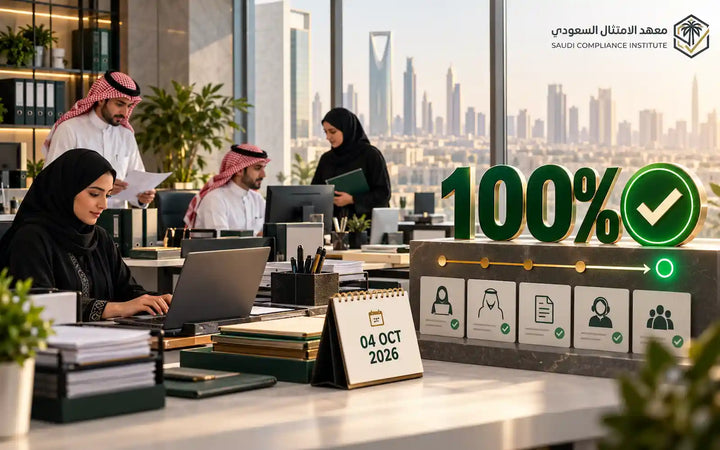 مكتب معهد الامتثال السعودي في الرياض يُظهر حالة إنجاز الامتثال بنسبة 100%.