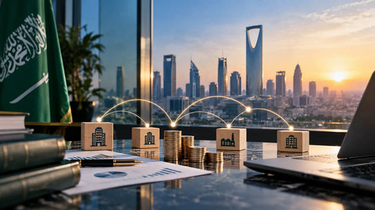 Saudi transfer pricing compliance concept showing related companies, financial transactions, and Riyadh skyline.