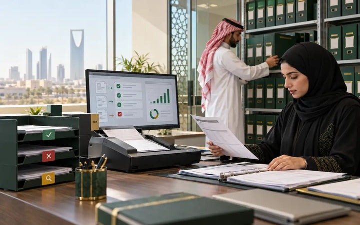 مختصة مالية سعودية تراجع سجلات ضريبة القيمة المضافة بجوار لوحة تدقيق وملفات منظمة في مكتب بالرياض.