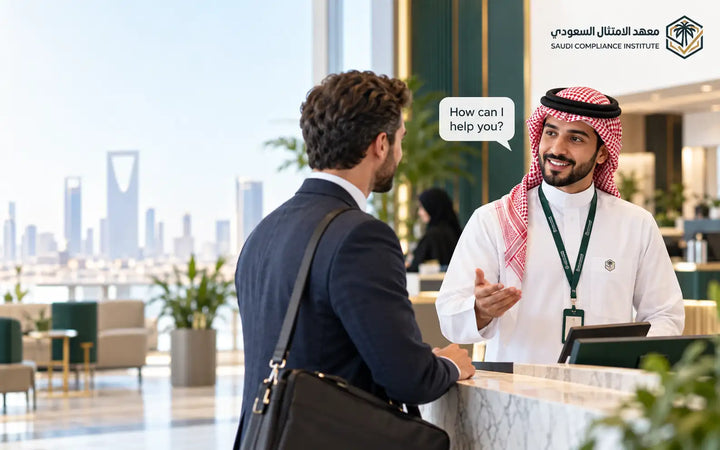 Saudi professional speaking English with an international customer at a reception desk in Saudi Arabia, illustrating practical workplace English