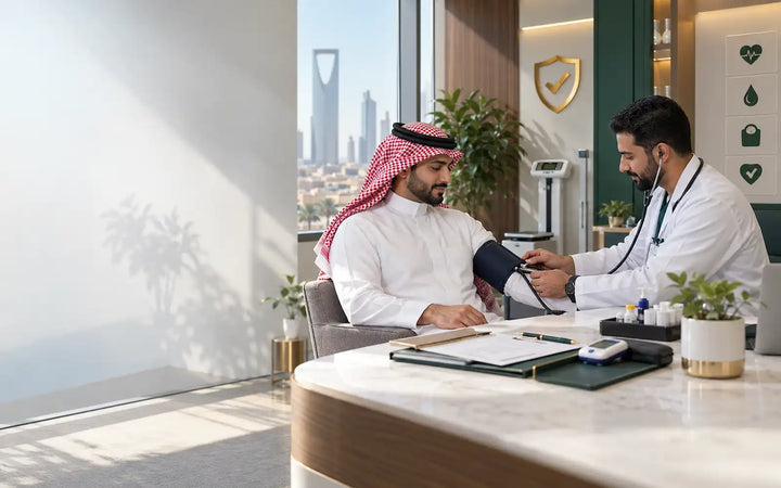 Saudi worker receives a blood pressure check during an occupational fitness examination in a modern clinic.