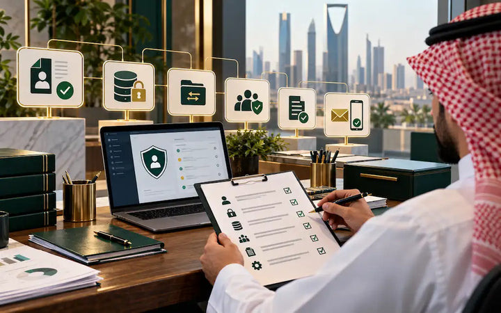 Saudi professional reviews a privacy compliance checklist beside a security dashboard and Riyadh skyline.